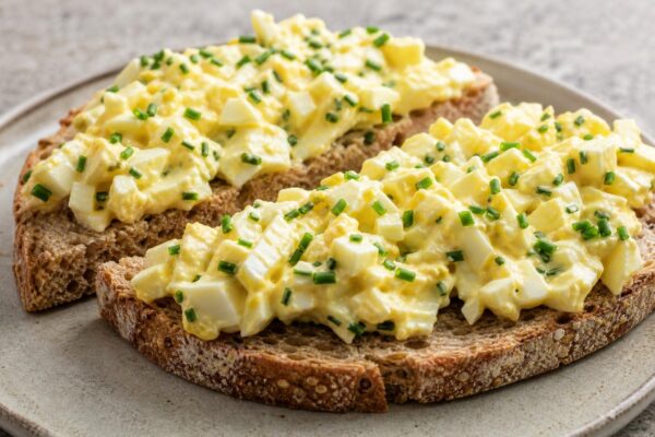 Fertiges Gericht aus einer alternativen Perspektive. Rezept: Eiersalat mit Schnittlauch auf Vollkornbrot