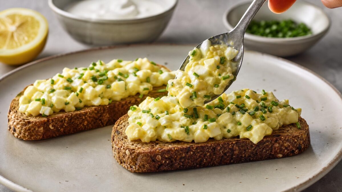 Servierszene mit dem fertigen Gericht. Rezept: Eiersalat mit Schnittlauch auf Vollkornbrot