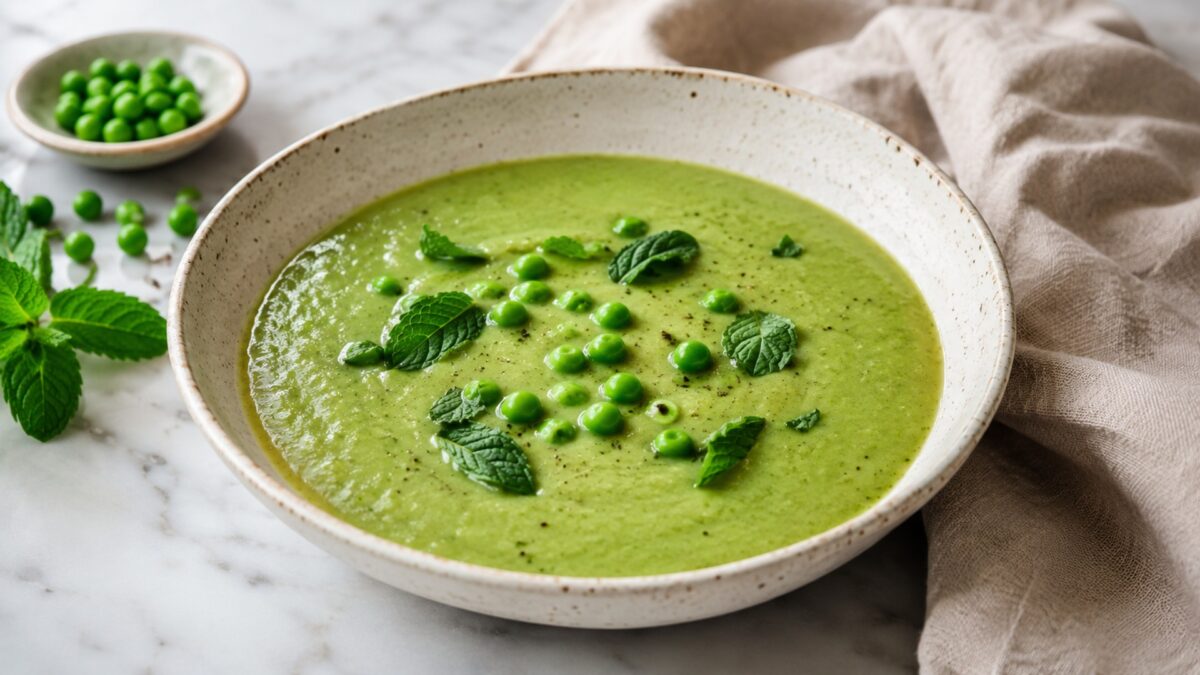 Hauptansicht des fertigen Gerichts. Rezept: Erbsen-Minz-Suppe