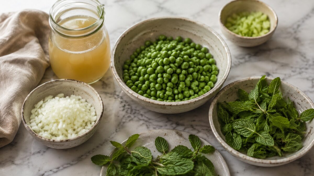 Zutaten- und Vorbereitungsansicht. Rezept: Erbsen-Minz-Suppe