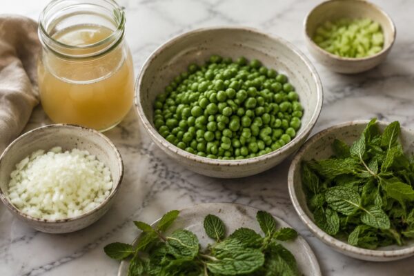Zutaten- und Vorbereitungsansicht. Rezept: Erbsen-Minz-Suppe