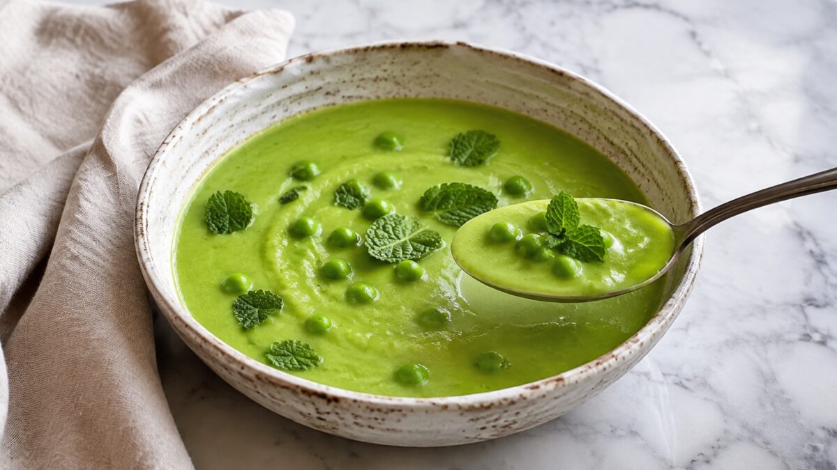 Servierszene mit dem fertigen Gericht. Rezept: Erbsen-Minz-Suppe