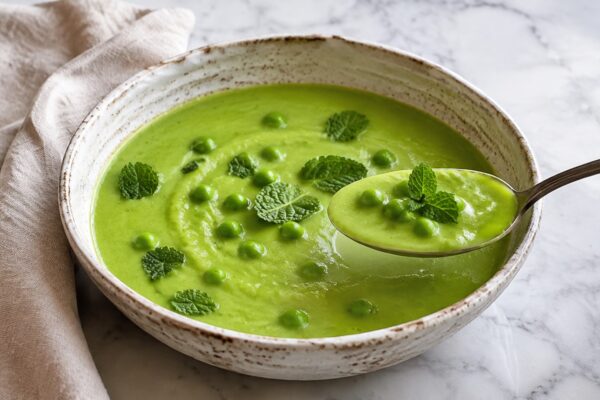 Servierszene mit dem fertigen Gericht. Rezept: Erbsen-Minz-Suppe