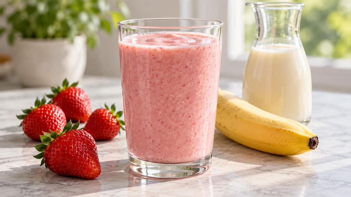 Erdbeer-Bananen-Smoothie: Fertiges Getränk als zentrales Hauptmotiv.