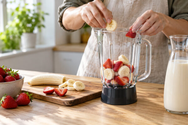 Erdbeer-Bananen-Smoothie: Verwendete Zutaten und nachvollziehbare Vorbereitung.
