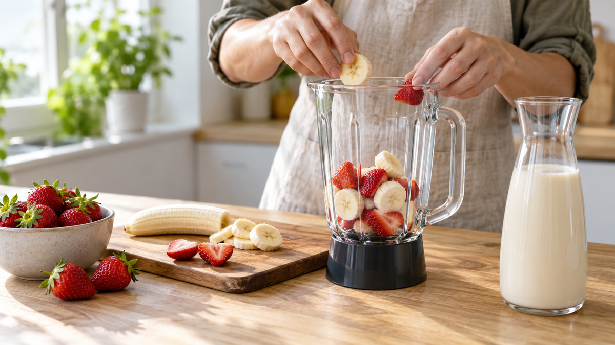Erdbeer-Bananen-Smoothie: Verwendete Zutaten und nachvollziehbare Vorbereitung.