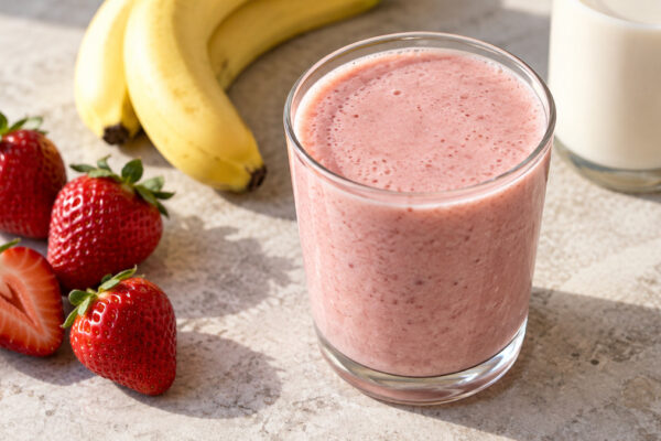 Erdbeer-Bananen-Smoothie: Fertiges Getränk aus einer alternativen Perspektive.