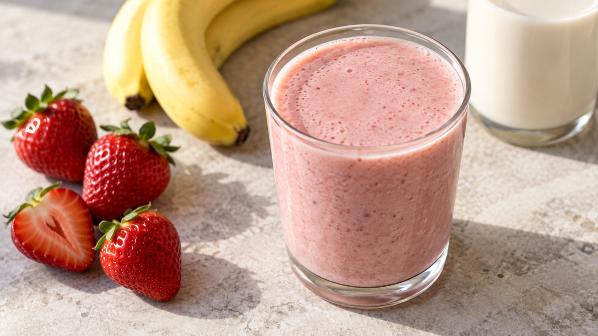 Erdbeer-Bananen-Smoothie: Fertiges Getränk aus einer alternativen Perspektive.