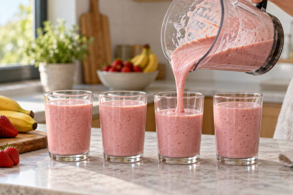 Erdbeer-Bananen-Smoothie: Alternative Anrichtung oder aktive Servierszene.