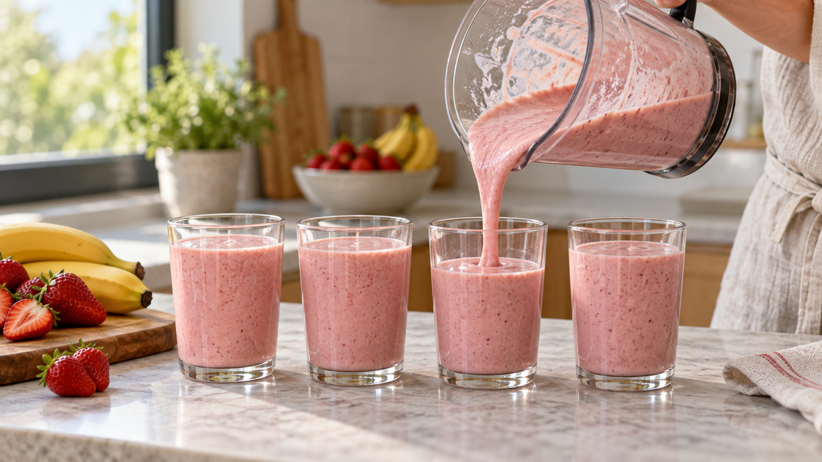 Erdbeer-Bananen-Smoothie: Alternative Anrichtung oder aktive Servierszene.