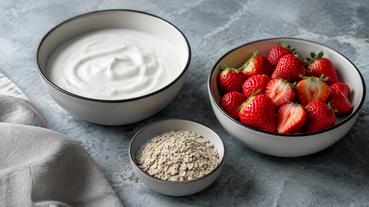 Zutaten- und Vorbereitungsansicht. Rezept: Erdbeer-Joghurt-Dessert mit laktosefreiem Joghurt