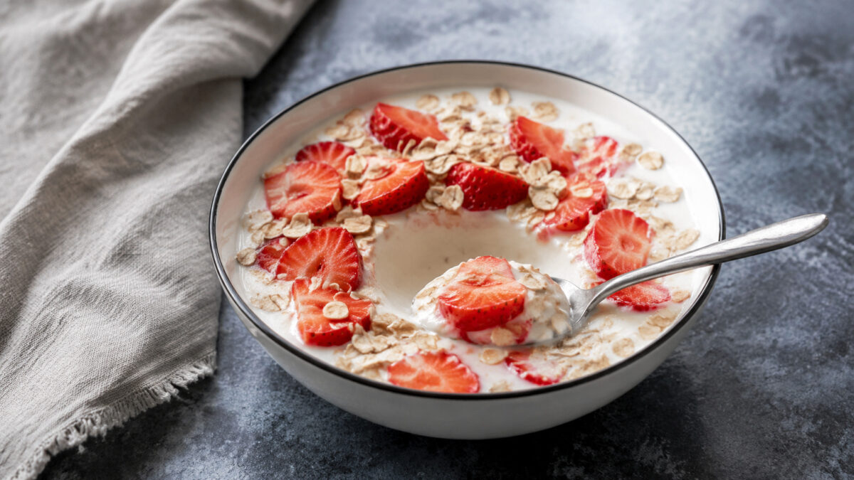Servierszene mit dem fertigen Gericht. Rezept: Erdbeer-Joghurt-Dessert mit laktosefreiem Joghurt
