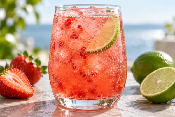 Erdbeer-Limetten-Fizz: Fertiges Getränk als zentrales Hauptmotiv.