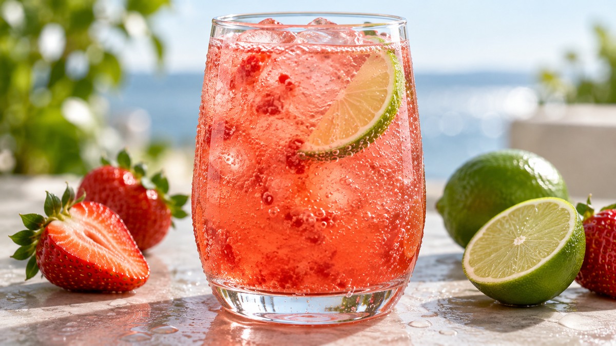 Erdbeer-Limetten-Fizz: Fertiges Getränk als zentrales Hauptmotiv.