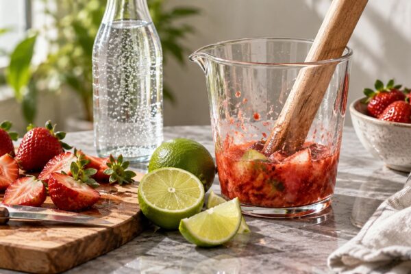Erdbeer-Limetten-Fizz: Verwendete Zutaten und nachvollziehbare Vorbereitung.