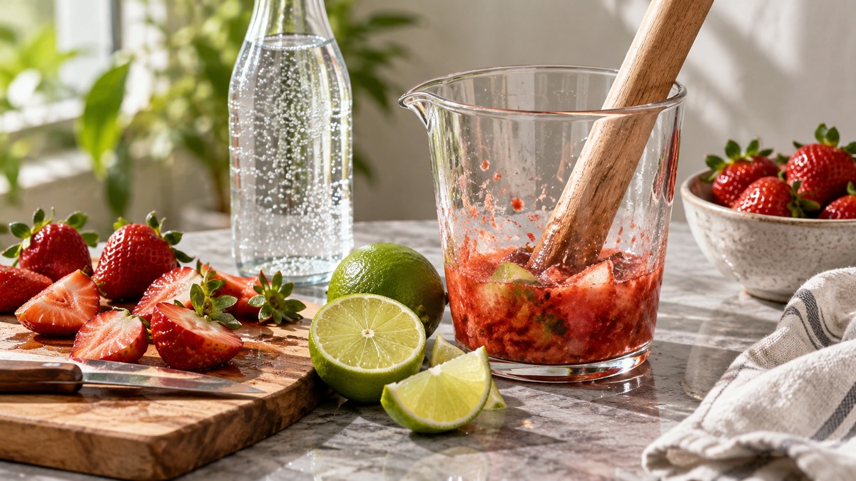Erdbeer-Limetten-Fizz: Verwendete Zutaten und nachvollziehbare Vorbereitung.