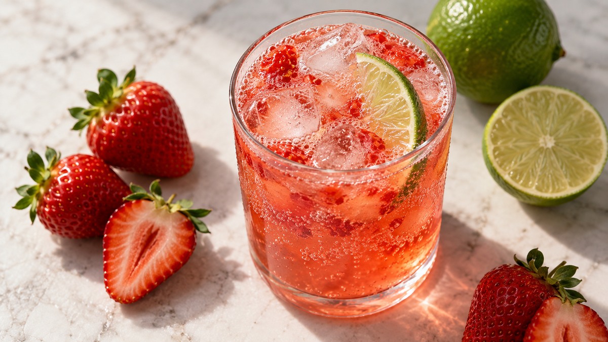 Erdbeer-Limetten-Fizz: Fertiges Getränk aus einer alternativen Perspektive.