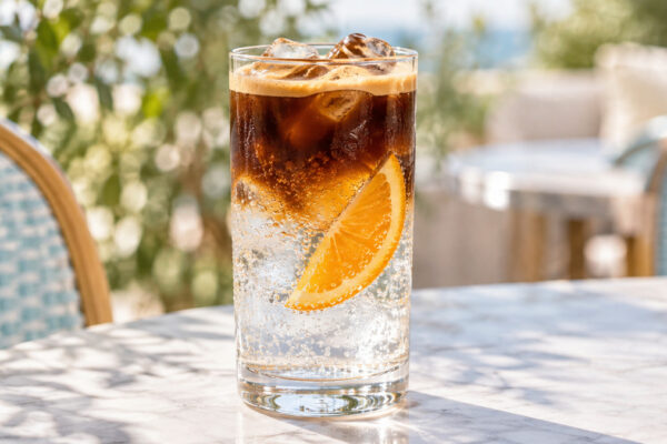 Espresso-Tonic mit Orange: Fertiges Getränk als zentrales Hauptmotiv.