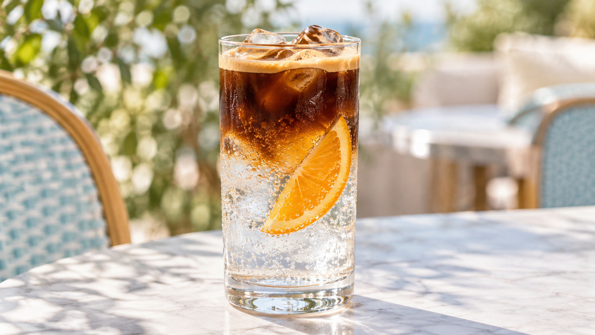 Espresso-Tonic mit Orange: Fertiges Getränk als zentrales Hauptmotiv.