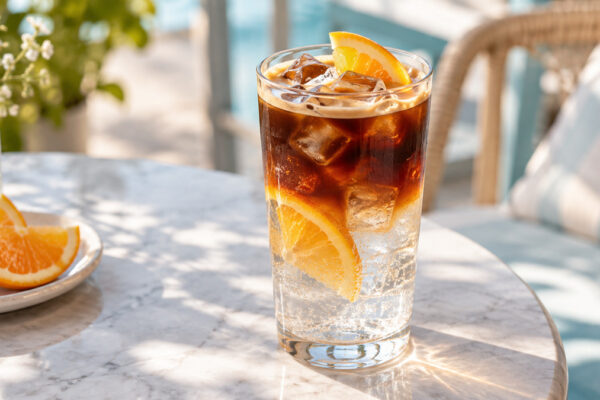 Espresso-Tonic mit Orange: Fertiges Getränk aus einer alternativen Perspektive.