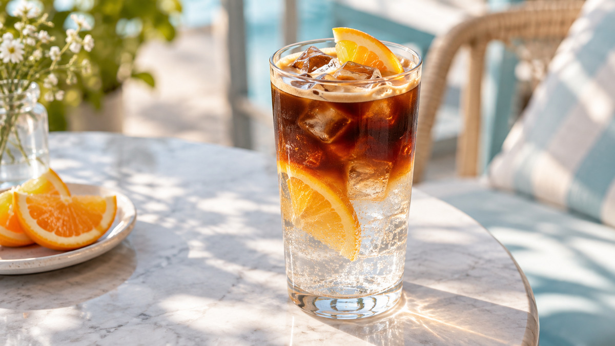Espresso-Tonic mit Orange: Fertiges Getränk aus einer alternativen Perspektive.