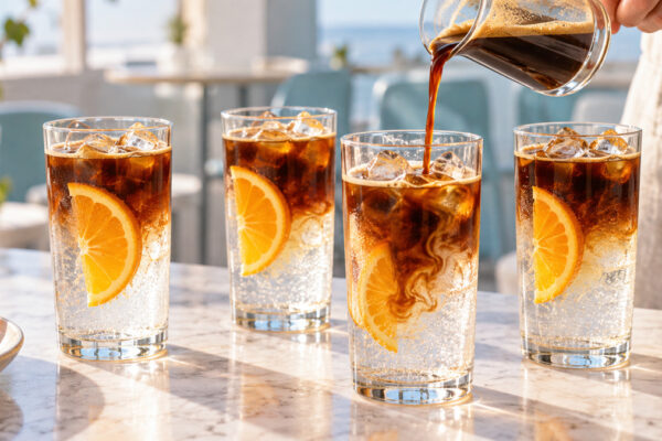 Espresso-Tonic mit Orange: Alternative Anrichtung oder aktive Servierszene.