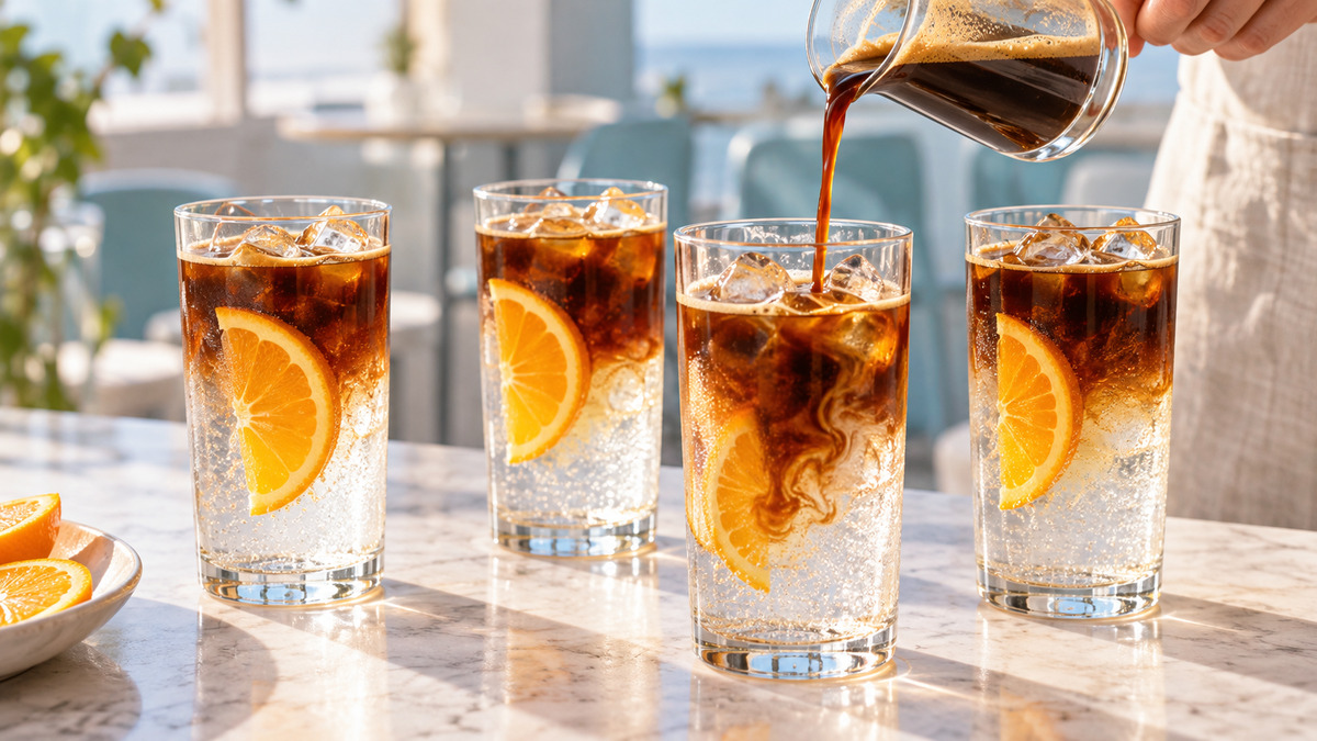 Espresso-Tonic mit Orange: Alternative Anrichtung oder aktive Servierszene.