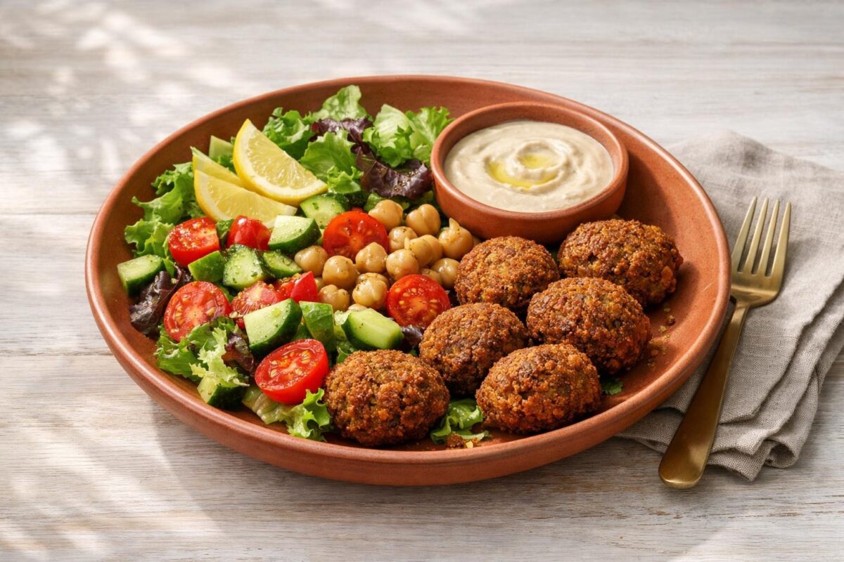 Hauptansicht des fertigen Gerichts. Rezept: Falafel mit Tahini-Dip und Salat