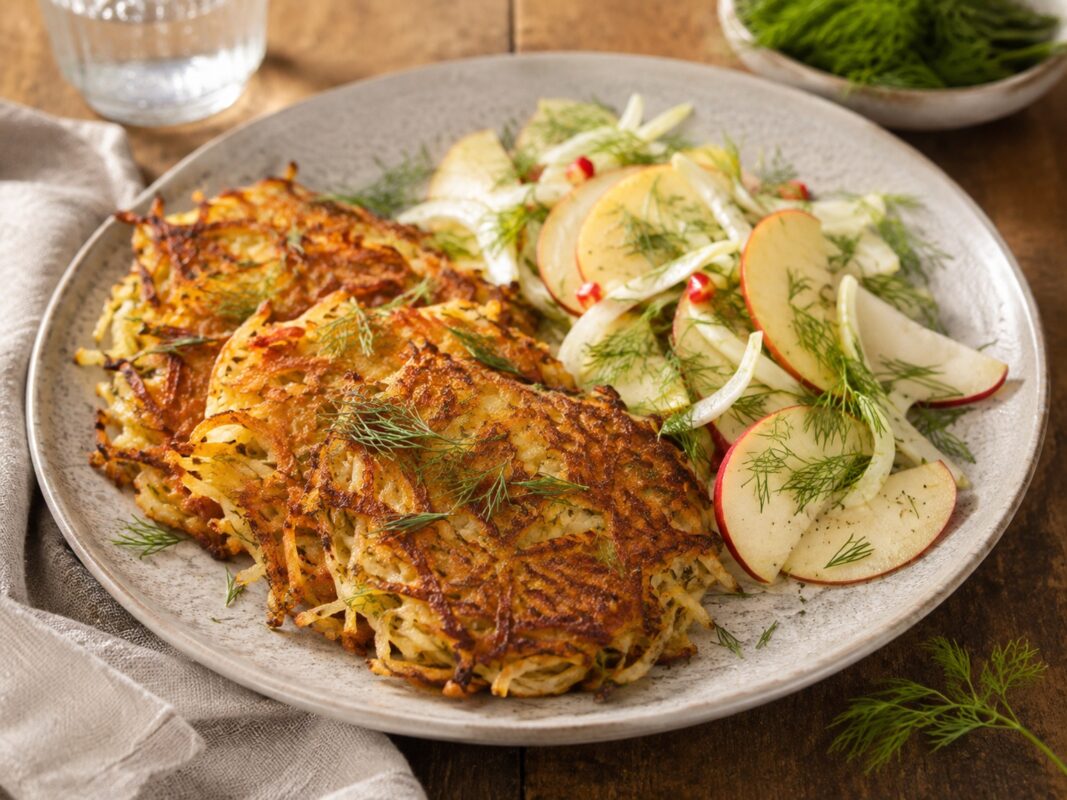 Großer heller Teller mit goldbraunen Fenchel-Kartoffel-Rösti und einem frischen Salat aus Apfelscheiben, Fenchel und Dill.