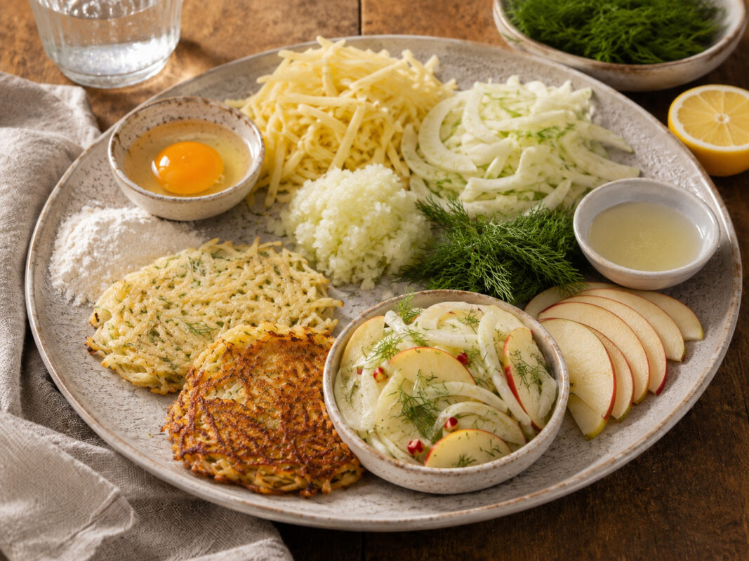 Zutaten- und Vorbereitungsansicht auf demselben großen hellen Teller auf rustikalem Holztisch: geriebene Kartoffeln, fein geschnittener Fenchel, geriebene Zwiebel, Ei, Mehl, Dill, Zitronensaft, Apfelscheiben sowie ein kleiner vorbereiteter Apfel-Fenchel-…