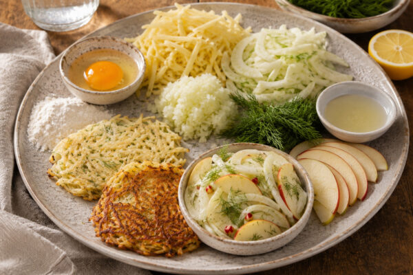 Zutaten- und Vorbereitungsansicht auf demselben großen hellen Teller auf rustikalem Holztisch: geriebene Kartoffeln, fein geschnittener Fenchel, geriebene Zwiebel, Ei, Mehl, Dill, Zitronensaft, Apfelscheiben sowie ein kleiner vorbereiteter Apfel-Fenchel-…