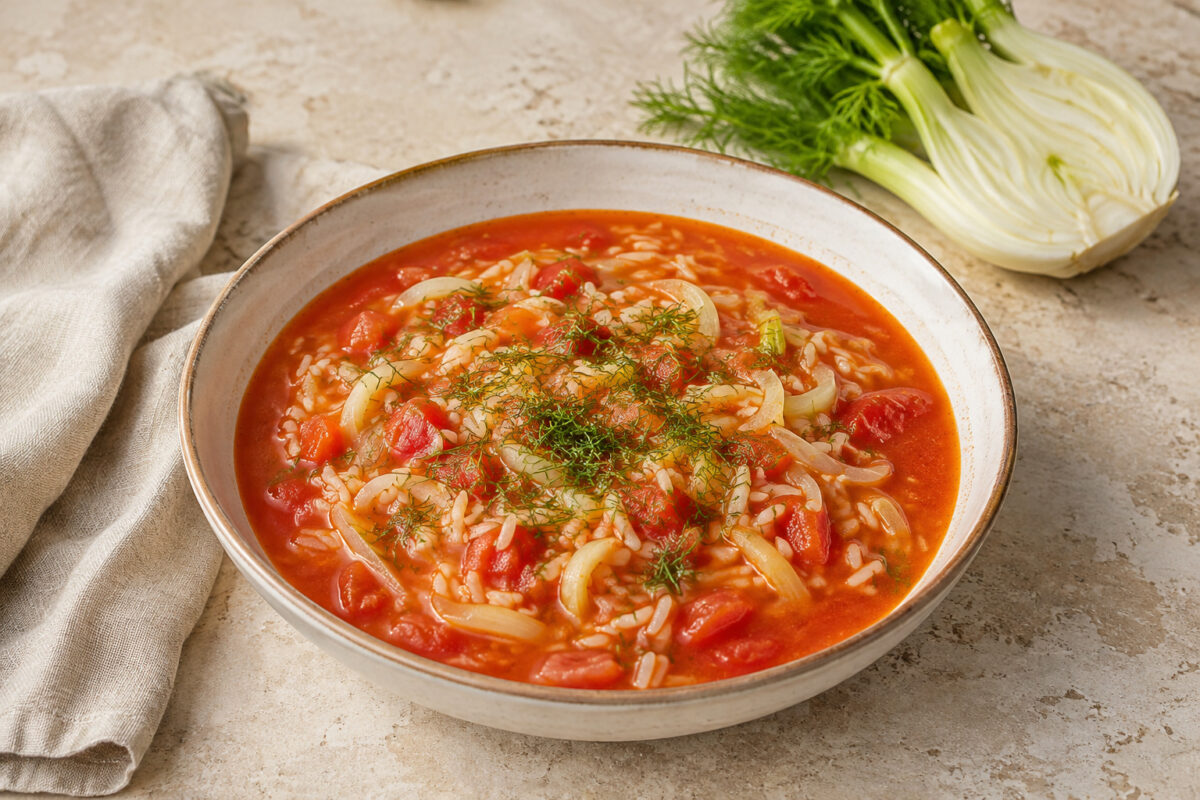 Fertige Fenchel-Tomaten-Suppe mit Reis in cremefarbener Keramikschüssel; Tomatenstücke, Fenchelstreifen, Reis und Fenchelgrün deutlich sichtbar.