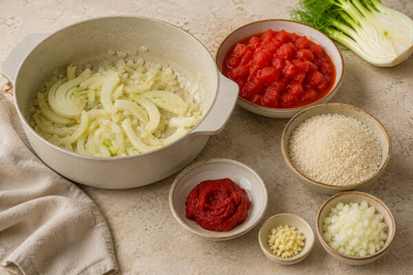 Vorbereitungsansicht mit geschnittenem Fenchel und Zwiebel, stückigen Tomaten, Reis, Tomatenmark, Knoblauch sowie frischem Fenchel.