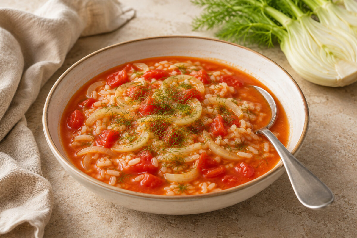 Fertige Fenchel-Tomaten-Suppe mit Reis aus deutlich anderer Perspektive, mit Löffel in der Schüssel.