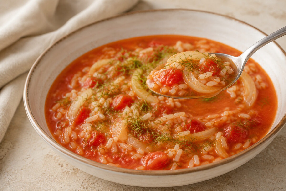 Detailaufnahme der fertigen Suppe mit angehobenem Löffel; Reis, Tomaten und Fenchel sind klar erkennbar.