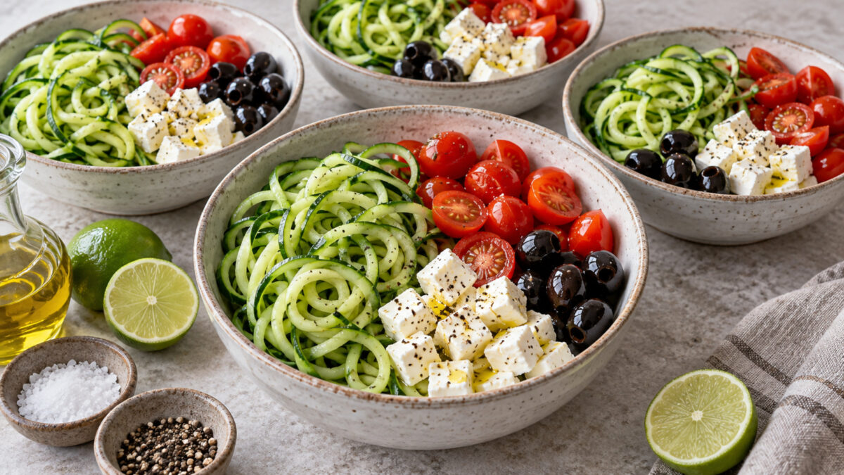 Feta-Oliven-Bowl mit Gurkennudeln