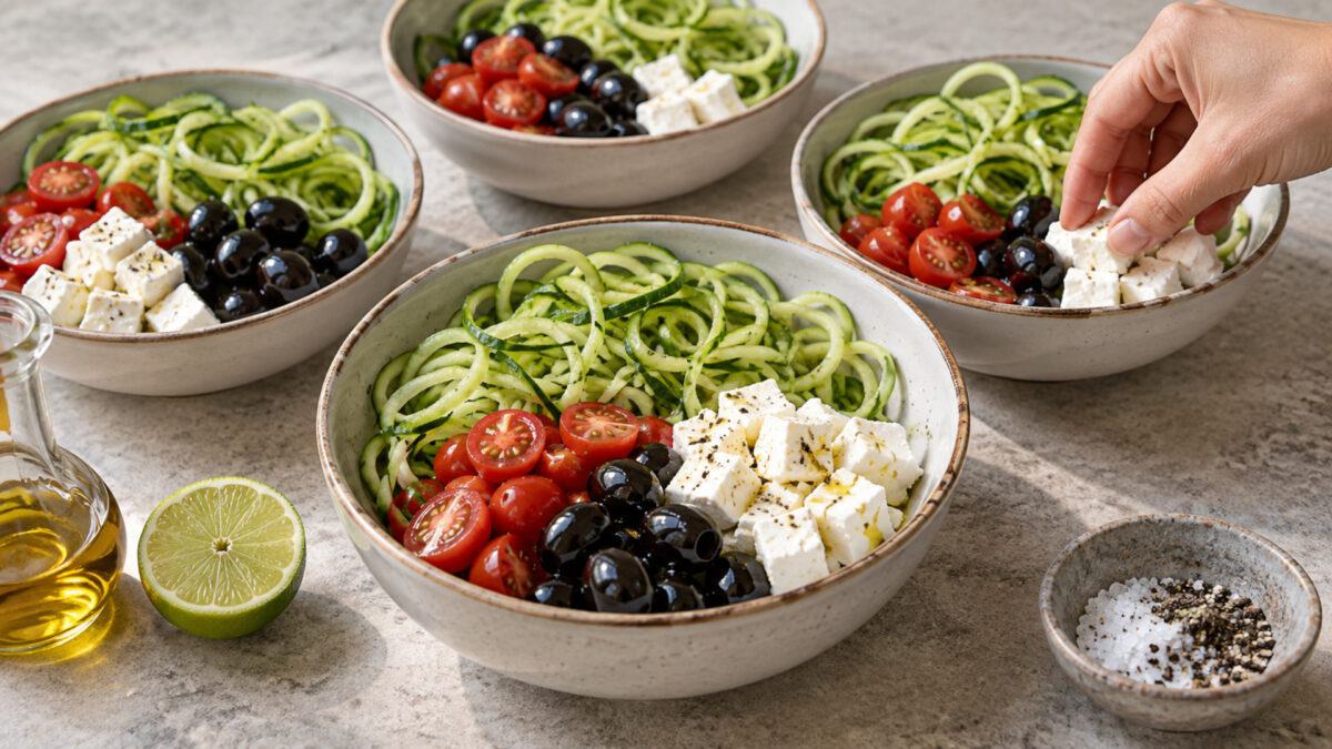 Feta-Oliven-Bowl mit Gurkennudeln