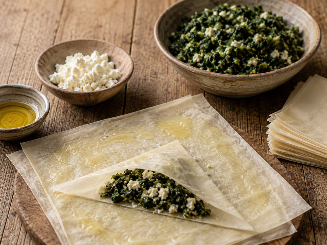 Zutaten- und Vorbereitungsansicht mit Filoteig, Mangold und Feta.
