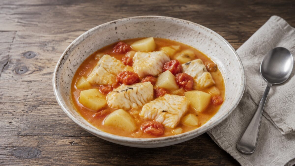 Hauptansicht des fertigen Gerichts. Rezept: Fisch-Tomaten-Eintopf mit Kartoffeln