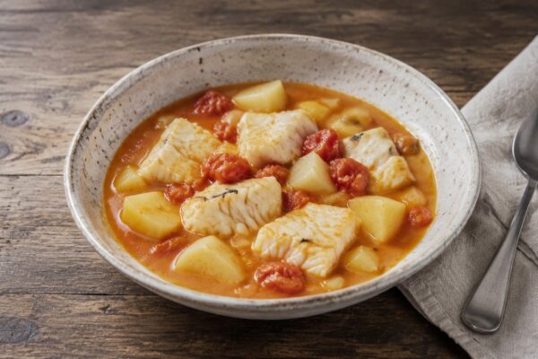 Hauptansicht des fertigen Gerichts. Rezept: Fisch-Tomaten-Eintopf mit Kartoffeln