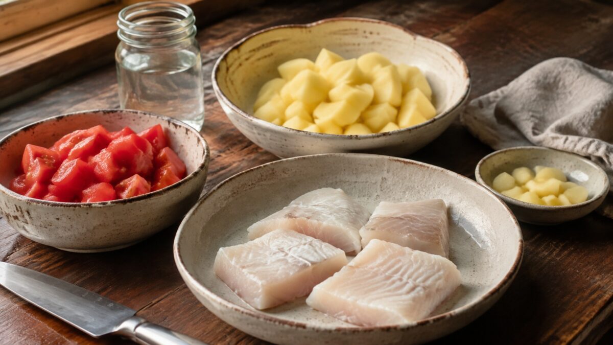 Zutaten- und Vorbereitungsansicht. Rezept: Fisch-Tomaten-Eintopf mit Kartoffeln