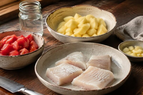 Zutaten- und Vorbereitungsansicht. Rezept: Fisch-Tomaten-Eintopf mit Kartoffeln