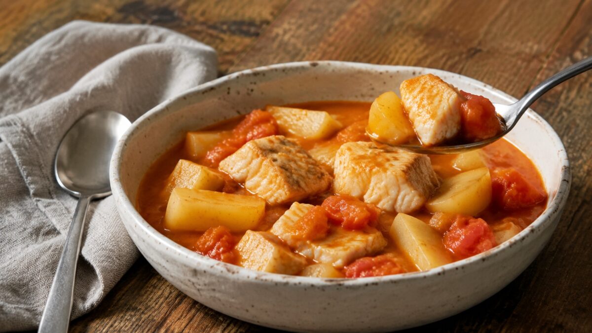 Servierszene mit dem fertigen Gericht. Rezept: Fisch-Tomaten-Eintopf mit Kartoffeln