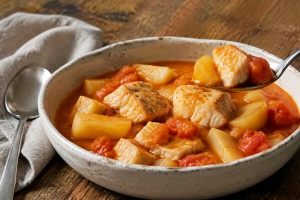 Servierszene mit dem fertigen Gericht. Rezept: Fisch-Tomaten-Eintopf mit Kartoffeln