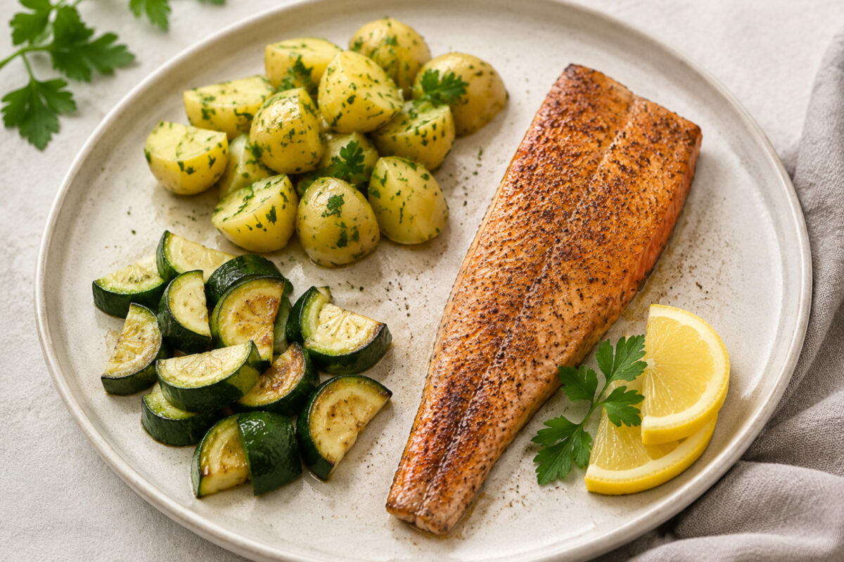 Hauptansicht des fertigen Gerichts: Forellenfilet als klarer Hauptbestandteil; Kartoffeln und Zucchini getrennt und mit sichtbaren Zwischenräumen daneben angerichtet. Kein Eintopf, keine Bowl, keine vermischte One-Pot-Darstellung. Das gesamte Gericht zen…