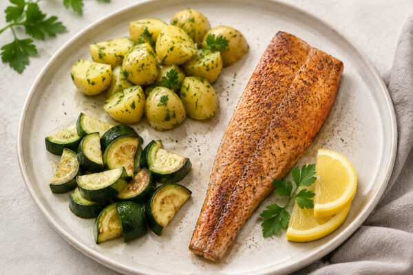Hauptansicht des fertigen Gerichts: Forellenfilet als klarer Hauptbestandteil; Kartoffeln und Zucchini getrennt und mit sichtbaren Zwischenräumen daneben angerichtet. Kein Eintopf, keine Bowl, keine vermischte One-Pot-Darstellung. Das gesamte Gericht zen…