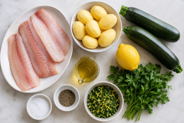 Übersicht aller Zutaten für „Forellenfilet mit Petersilienkartoffeln und Zucchini“ auf heller Arbeitsfläche, sauber gruppiert, ohne Verpackungsschrift und ohne fertiges Gericht.