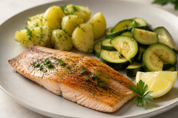 Alternative Perspektive des fertigen Gerichts: Forellenfilet als klarer Hauptbestandteil; Kartoffeln und Zucchini getrennt und mit sichtbaren Zwischenräumen daneben angerichtet. Kein Eintopf, keine Bowl, keine vermischte One-Pot-Darstellung. Etwas näher…