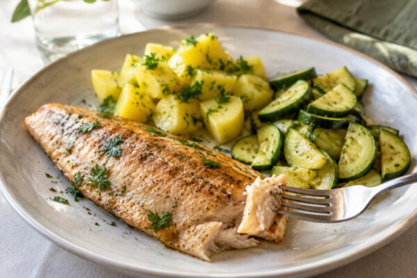 Lebendige Servierszene für „Forellenfilet mit Petersilienkartoffeln und Zucchini“: eine Gabel oder ein Besteckteil nimmt gerade eine Portion auf; Forellenfilet, Kartoffeln und Zucchini bleiben trotzdem klar erkennbar.