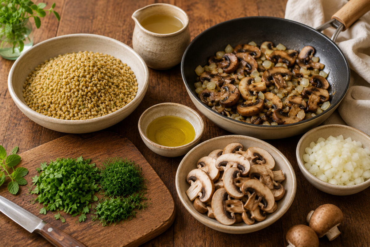 Zutaten- und Vorbereitungsansicht mit Freekeh, Champignons, Zwiebel, Kräutern, Olivenöl und Brühe; Pilze und Zwiebeln teilweise angebraten.